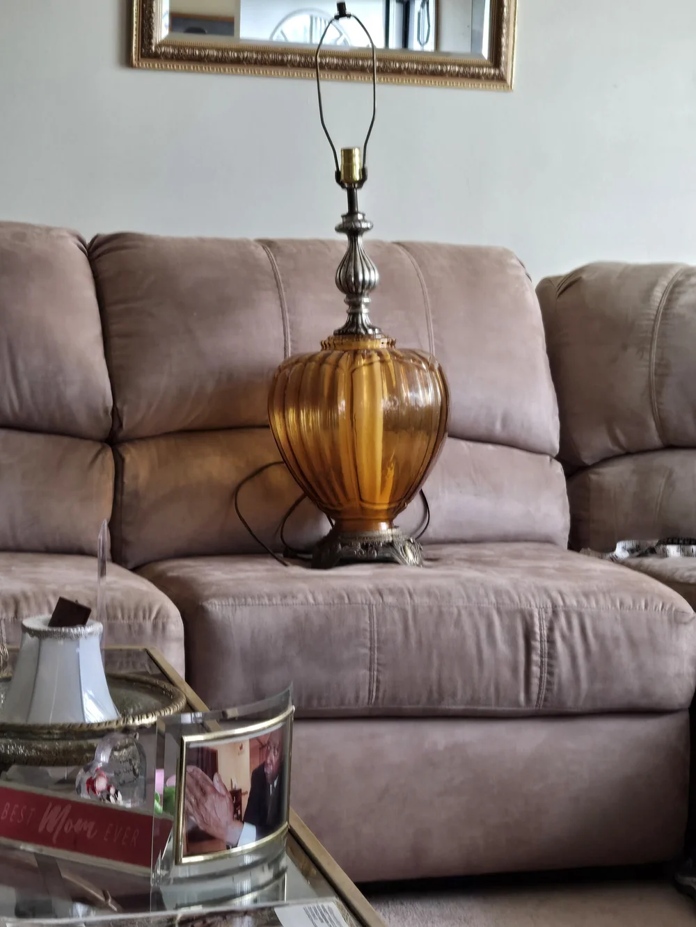 Amber Glass Table Lamp with Ornate Metal Base - Brand Unspecified
